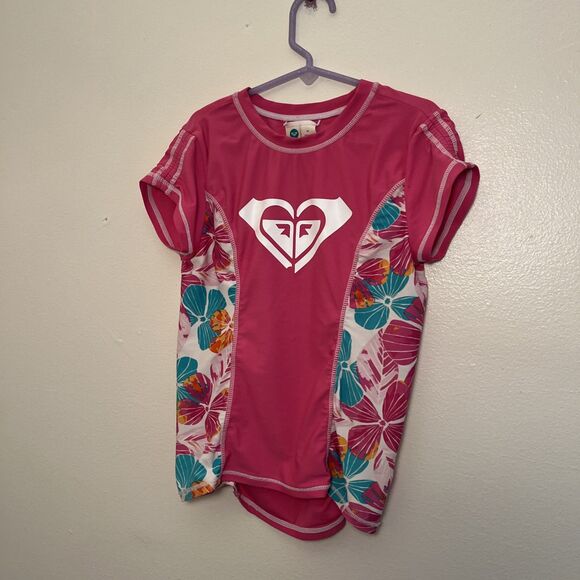 ROXY Girls Tropicool Floral Pink Swim Rashguard Top, Short Sleeve- Size 10 - Picture 2 of 8